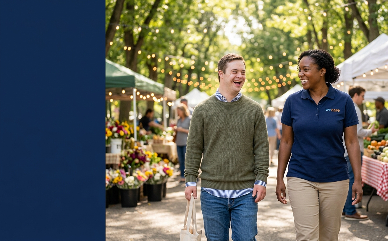 A White adult man with Down syndrome laughs joyfully while walking through a sunny farmers market alongside a Black female WeCare II Direct Support Professional in a navy wecare polo