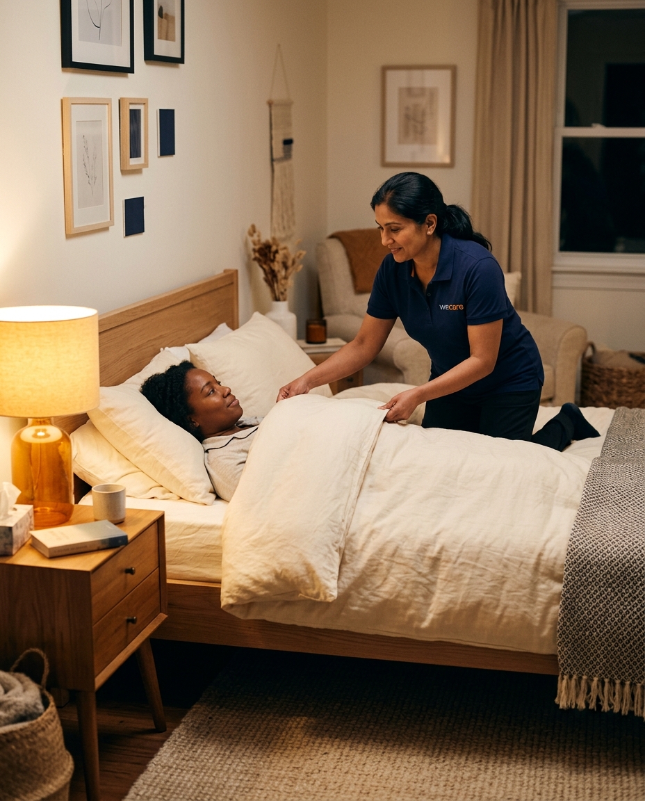 A WeCare II Direct Support Professional in a navy polo gently adjusts the duvet for an adult client peacefully resting in a cozy home bedroom at nighttime