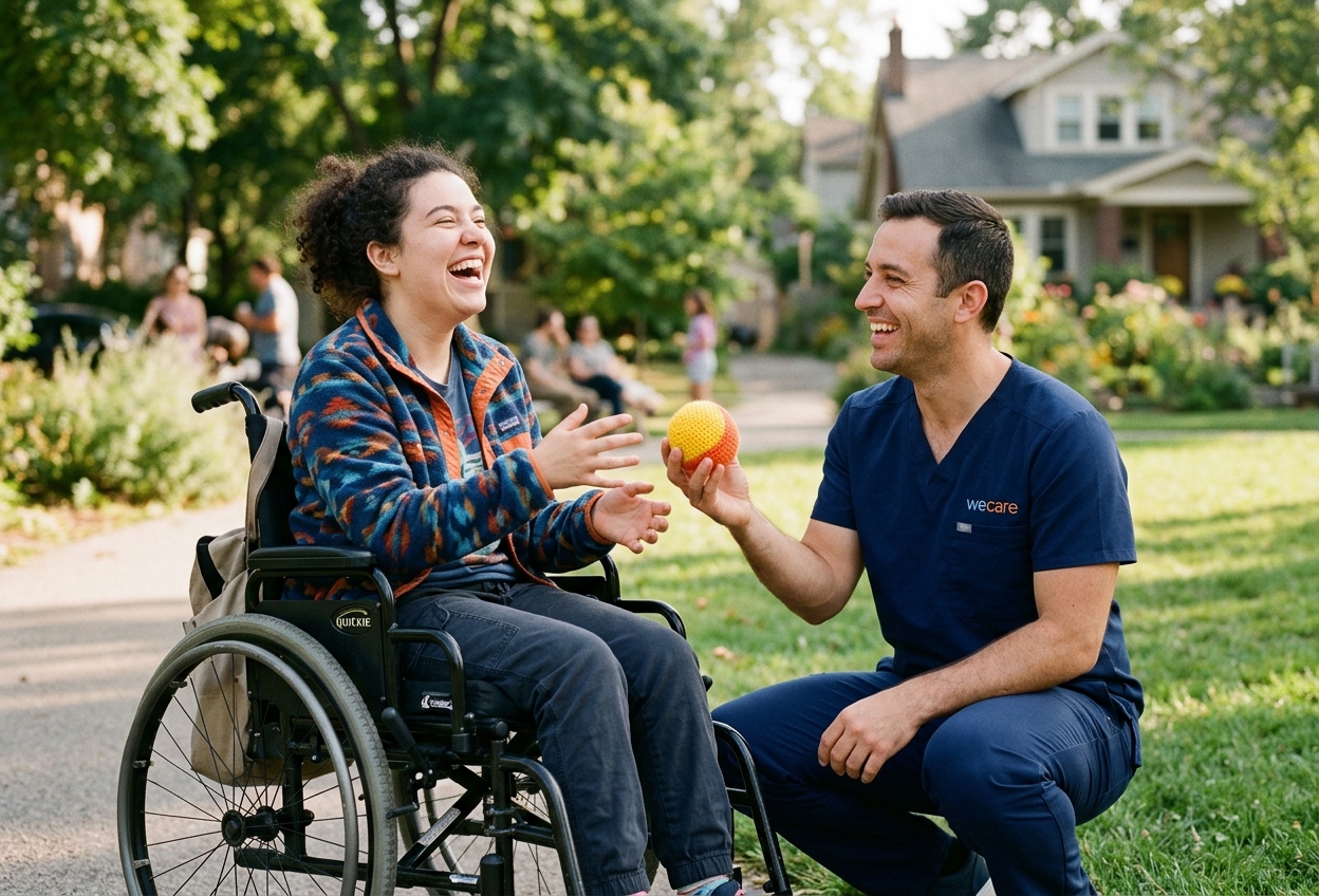 A young adult who uses a wheelchair laughs joyfully in a residential neighborhood as a WeCare II caregiver in a navy wecare scrub top hands her a soft ball