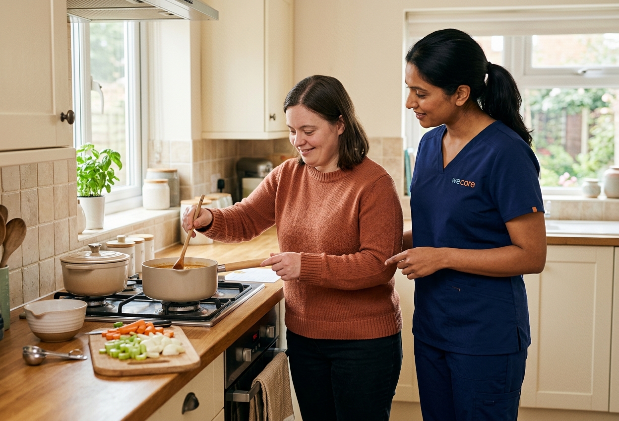 An adult client stirs a pot on her home stovetop while a WeCare II caregiver in a navy wecare scrub top supportively guides her through the recipe